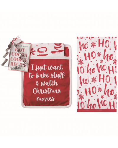 Transpac Set Of 3 Cotton 10in Multicolor Christmas Bake Stuff Pot Holder Tea Towel Cookie Cutter Gift Set