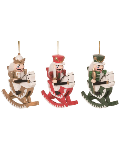 Transpac Set Of 3 Wood Multicolor Christmas Rocking Horse Nutcracker Ornaments