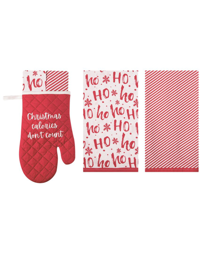 Transpac Set Of 3 Cotton 14in Multicolor Christmas Ho Ho Ho Oven Mitt & Tealight Towels Gift