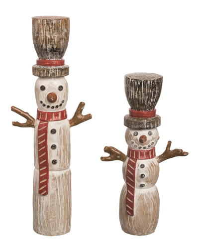 Transpac Set Of 2 Resin 16in Multicolor Christmas Carved Snowman Figurines