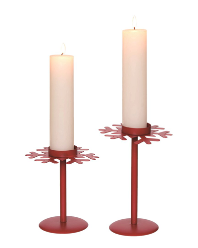 Transpac Set Of 2 Metal 8.25in Red Christmas Snowflake Pedestal Candle Holder
