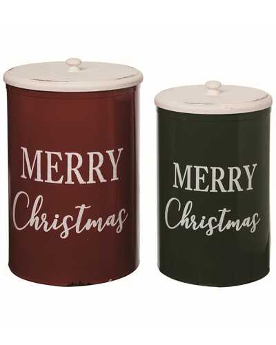 Transpac Set Of 2 Metal Multicolor Christmas Merry Christmas Container With Lid