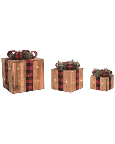 Transpac Set Of 3 Wood 10in Multicolor Christmas Light Up Gift Boxes With Bow