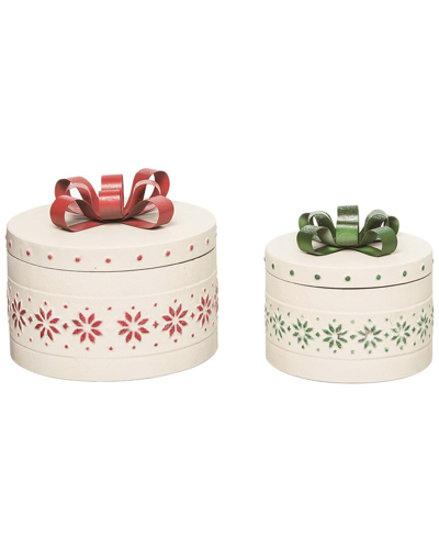 Transpac Set Of 2 Metal 10.04in White Christmas Bow Boxes