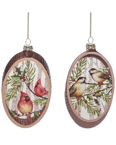 Transpac Set Of 2 Glass 6in Multicolored Christmas Woodcut Painted Bird Ornament