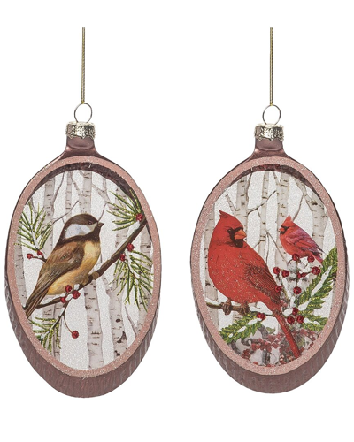 Transpac Set Of 2 Glass 6in Multicolored Christmas Woodcut Painted Winter Bird Ornament