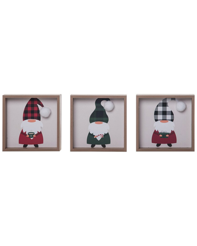 Transpac Set Of 3 Wood 5in Multicolored Christmas Plaid Holiday Gnome Block Decor