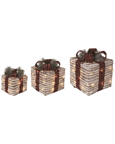 Transpac Set Of 3 Wood 12.99in Multicolor Christmas Light Up Ribbon Boxes