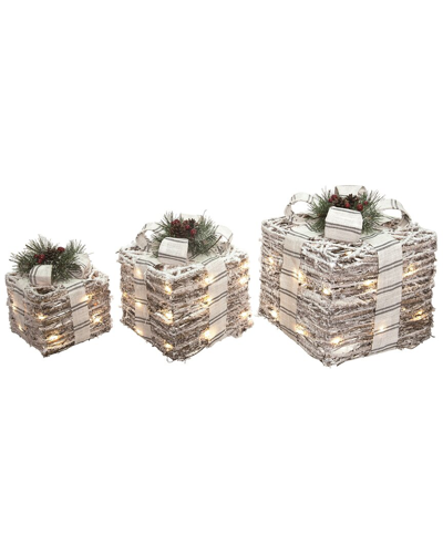 Transpac Set Of 3 Metal 12.99in Silver Christmas Light Up Ticking Stripe Bow Present Decor