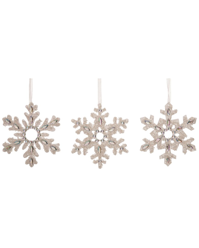 Transpac Set Of 3 Wood White Christmas Snowflake Ornaments