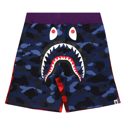 Pre-owned Bape Crazy Camo Shark Sweat Shorts 'navy' In Blue
