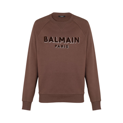 Pre-owned Balmain Flock And Foil Paris Logo Crew Sweatshirt 'brown/silver'