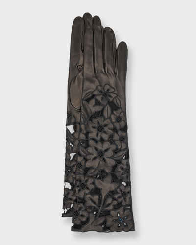 Portolano Cut-out Floral Nappa Leather Gloves In Black