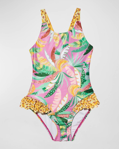 Tutu Du Monde Kids' Copacabana Leaf-print Ruffle-trim Swimsuit In Palm Print Mix