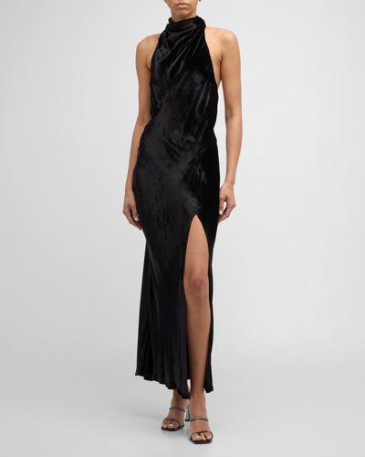 Ramy Brook Livia Velvet Halter Midi Dress In Black Velvet