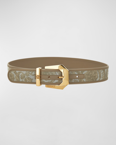 Versace Barocco Jacquard Mixed-media Belt In Neutrals