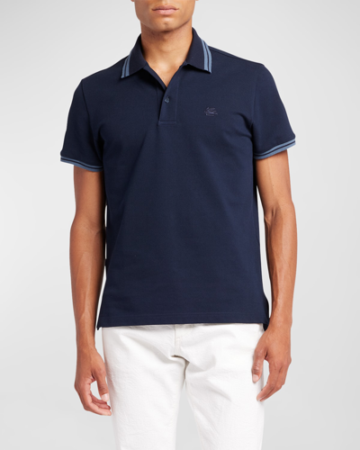 Etro Pegaso-embroidered Striped-trim Polo Shirt In Navy Blue