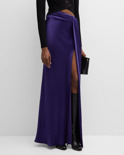 Lapointe Asymmetric-waist Draped Slit Satin Maxi Skirt In Violet