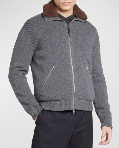 Moncler Wool 750 Fill Power Down Cardigan With Removable Genuine Shearling Trim In Medium Grey