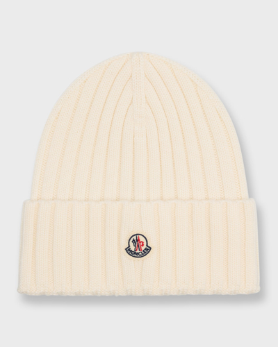 Moncler Ribbed Wool Beanie W/ Logo In Off_white