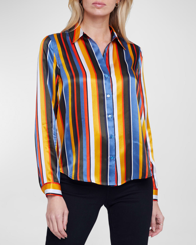 L Agence Tyler Striped Silk Shirt In Blue Horizon Multi Mixed Stripe