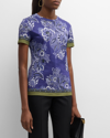 Etro Floral-print Contrasting-trim Blouse In Print On Blue Bas