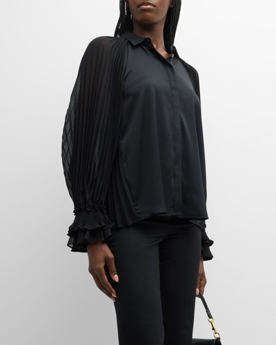 Ungaro Sophie V-neck Pleated Sleeve Blouse In Black