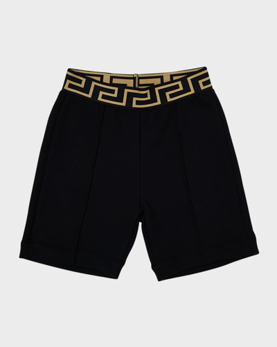 Versace Kids' Boy's Greca Trim Fleece Shorts In Black Gold