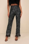 LULUS TOTAL SPARKLE BLACK AND SILVER SEQUIN FEATHER WIDE-LEG PANTS