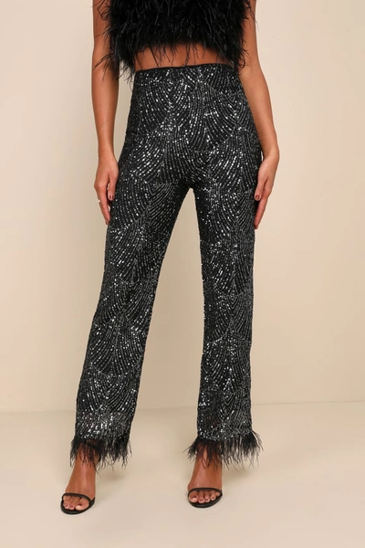 Lulus Total Sparkle Black And Silver Sequin Feather Wide-leg Pants