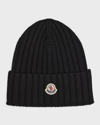 Moncler Ribbed Wool Beanie W/ Logo In Light Pink