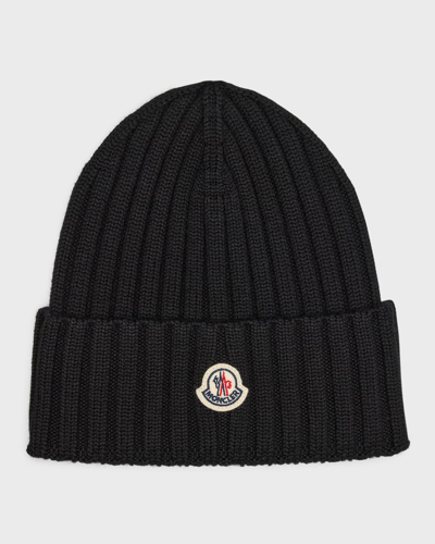 Moncler Ribbed Wool Beanie W/ Logo In Light Pink