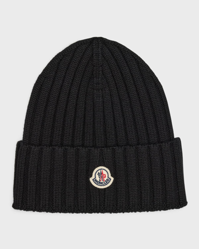 Moncler Ribbed Wool Beanie W/ Logo In Black
