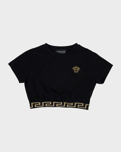 Versace Kids' Girl's Medusa Embroidery Cropped T-shirt In Blackgold