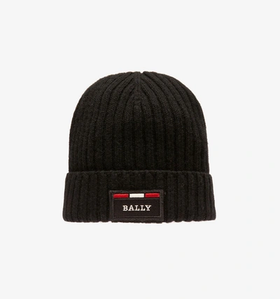 BALLY MEN'S BLACK RIBBED LOGO WOOL BEANIE 6240324
