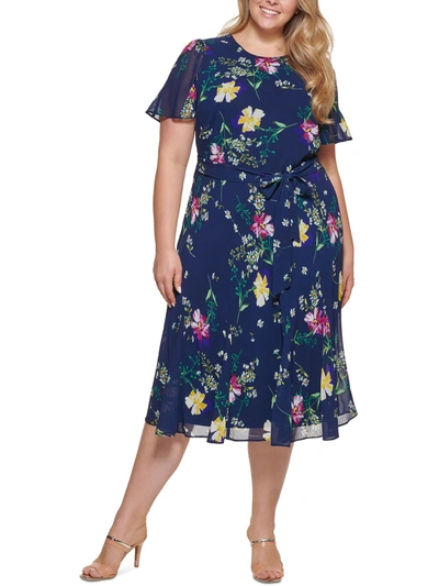 Dkny Plus Womens Floral Print Midi Dress In Multi