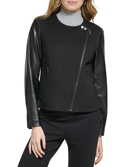 Dkny Womens Faux Leather Collarless Motorcycle Jacket In Black