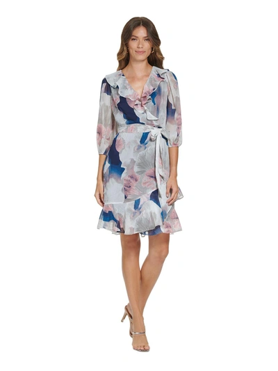 Dkny Womens Chiffon Floral Fit & Flare Dress In Blue