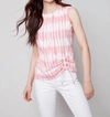 CHARLIE B TIE DYE SLEEVELESS TOP WITH TUNNEL TIE IN GRAPEFRUIT