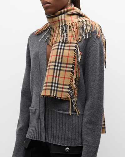 Burberry Vintage Check Fringe Cashmere Scarf In Beige