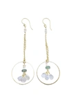 A BLONDE AND HER BAG PEARL ACCENTED GOLD CHAIN DANGLE EARRINGS WITH GREEN STRAWBERRY QUARTZ AND MOONSTONE HOOP DROP