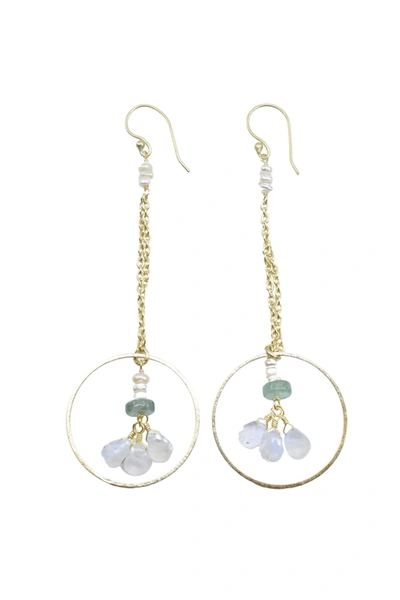 A Blonde And Her Bag Pearl Accented Gold Chain Dangle Earrings With Green Strawberry Quartz And Moonstone Hoop Drop In Silver