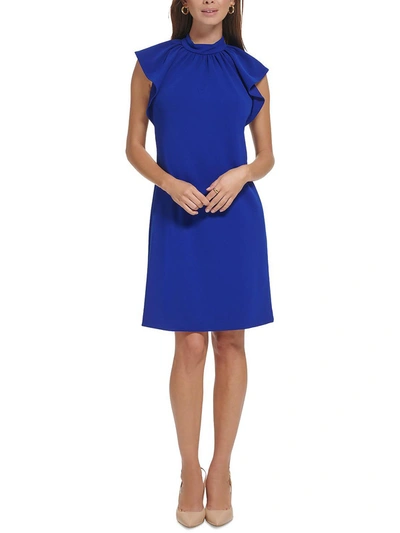 Calvin Klein Womens Crepe Puff Sleeves Shift Dress In Blue