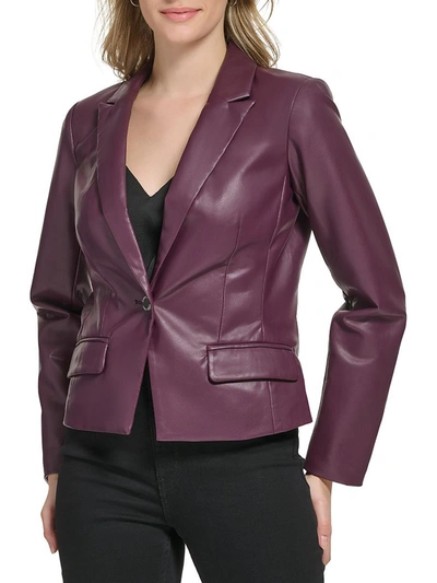 Calvin Klein Womens Faux Leather Dressy One-button Blazer In Purple