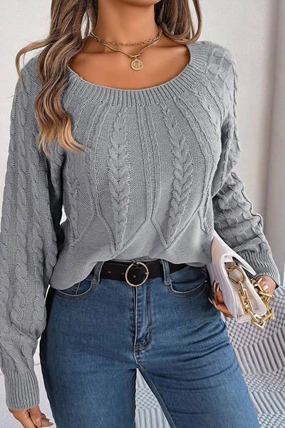 Unishe Allison Wide Neck Cable Knit Sweater In Gray In Grey