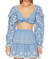 Loveshackfancy Milanti Tie-front Ruffled Broderie Anglaise Cotton And Linen-blend Top In Blue