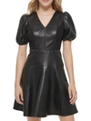 KARL LAGERFELD WOMENS MIXED MEDIA FAUX LEATHER FIT & FLARE DRESS