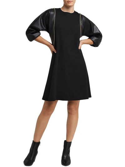 H Halston Womens Faux Leather Above Knee Shift Dress In Black