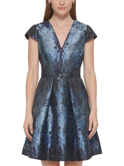 Vince Camuto Womens Metallic Snake Print Fit & Flare Dress In Blue