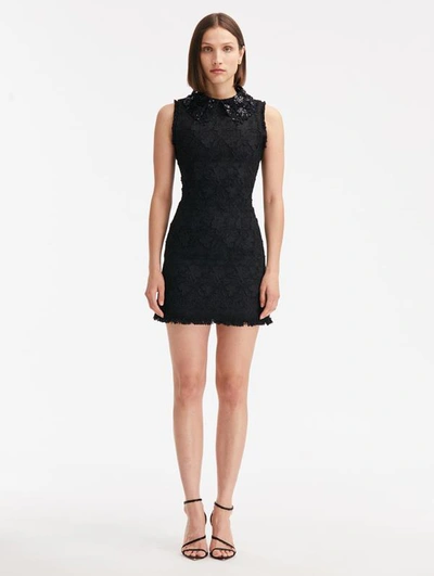 Oscar De La Renta Gardenia Embroidered Tweed Dress In Black